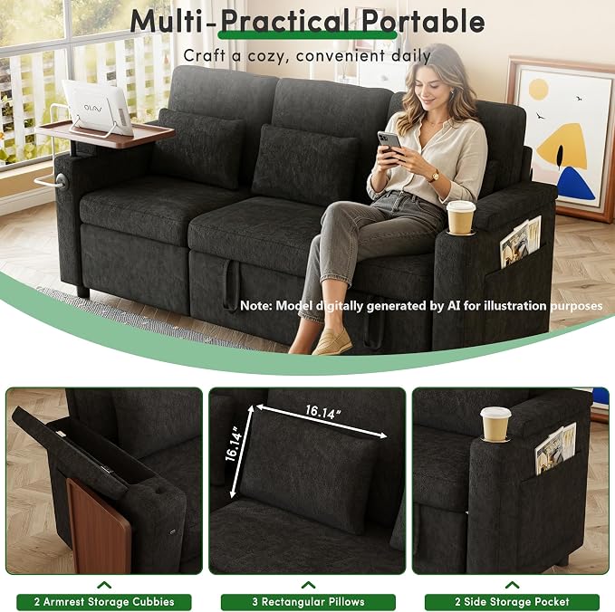83" Recliner Sofa Bed, 3-in-1 Chenille Sleeper Sofa, Pull Out Couch with Adjustable Backrest, USB, Side Pocket, Table, Cup Holder, Cloud Couch for Living Room, Apartment, Small Space, Black