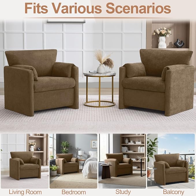 Oversized Accent Chair for Living Room, 32.68" Large Modern Armchair with Deep Seat, Mid-Century Comfy Reading Chair with Padded Arms, Chenille Single Sofa Chairs for Bedroom, Dark Brown