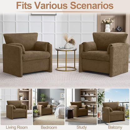 Oversized Accent Chair for Living Room, 32.68" Large Modern Armchair Set of 2 with Deep Seat, Mid-Century Comfy Reading Chair with Padded Arms, Chenille Single Sofa Chairs for Bedroom, Dark Brown