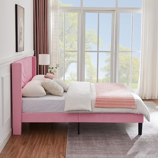 VECELO Queen Size Bed Frame Upholstered Platform with Fabric Headboard/Wooden Slats Support/No Box Spring Needed/Mattress Foundation,Pink