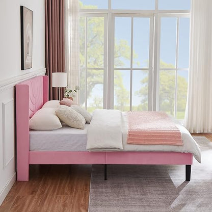 VECELO Queen Size Bed Frame Upholstered Platform with Fabric Headboard/Wooden Slats Support/No Box Spring Needed/Mattress Foundation,Pink