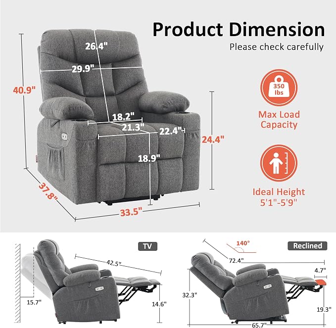 MCombo Power Lift Recliner Chair for Elderly, Electric Lift Chair with Extended Footrest, USB Ports, Cup Holders, Fabric 7287 (Dark Gray, Medium)