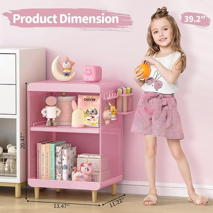 SYKIARIOL Kids Nightstand for Girls, Metal Bedside Table with 4 Hooks & Hanging Basket, 3-Tier Storage Shelf, Toddler Night Stand for Bedroom, Pink