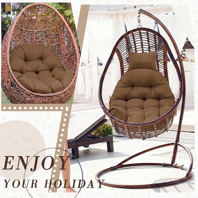 Tudomro Brown Waterproof Egg Chair Cushion with Pillow Filling 2.58 kg Replacement Rocking Wicker Chair Cushion 48" x 32" High Back Hanging Swing Hammock Pad Thicken for Outdoor Patio Garden