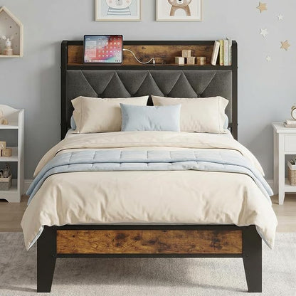 ANCTOR Twin Bed Frame, Upholstered Tufted Headboard, Storage Shelves & Charging Station, No Box Springs Needed, Sturdy, Noise-Free, Modern Vintage Style