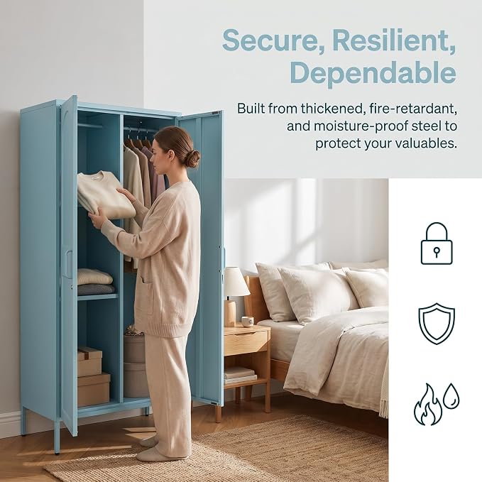 Lockable Vintage Blue Tall Metal Wardrobe, Freestanding Cold Rolled Steel Storage Cabinet with Arched Embossed Doors & Raised Feet for Home Office Size：67" H x 31.5" W x 18.1" D