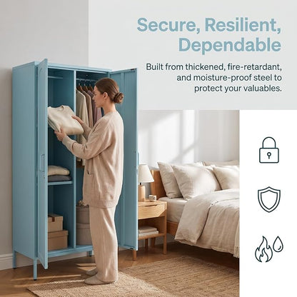 Lockable Vintage Blue Tall Metal Wardrobe, Freestanding Cold Rolled Steel Storage Cabinet with Arched Embossed Doors & Raised Feet for Home Office Size：67" H x 31.5" W x 18.1" D