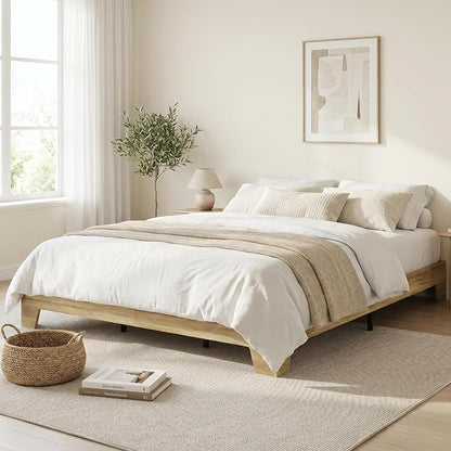 IDEALHOUSE Queen Size Platform Bed Frame,Boho Wood Bed with Noise-Free Slats,No Box Spring Needed,Nature Bedroom Furniture,Sturdy Wooden Bed Foundation,Easy Assembly