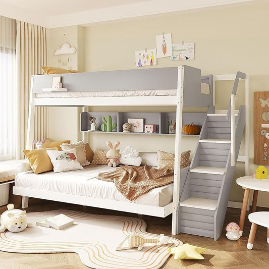 Wood Bunk Bed Full XL Over Queen with Staircase and Side Shelves | Light Strip Included, Striped-Design Stairs, Kids Teens Adults, Space-Saving Design, Versatile Bed Frame