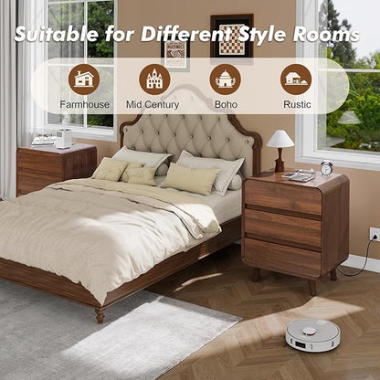 Nasonet 6 Drawer Dresser and 3 Drawers Nightstands Set with Charging Station, Wood Mid-Century Modern Dresser and Nightstand 3 Pieces for Bedroom, Living Room, Walnut