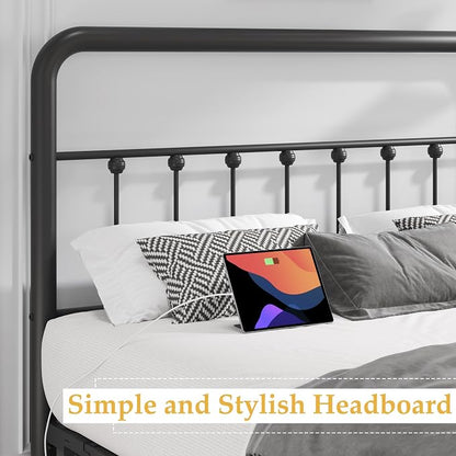 Fluest 14 Inch Full Bed Frame Classic Metal Platform Bed Frame with Charging Station & LED, Victorian Style Iron-Art Headboard/Footboard, Under Bed Storage, No Box Spring Needed, Noise Free