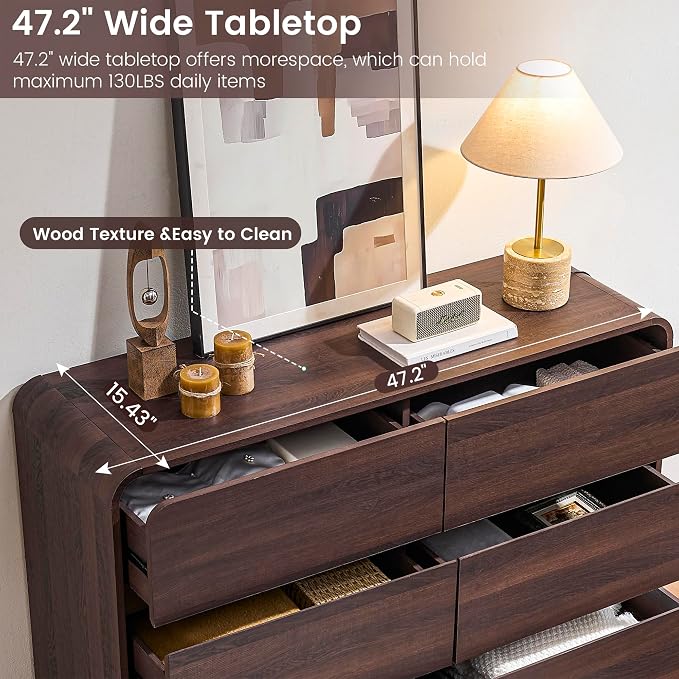 Standifurno Walnut 6 Drawer Dresser, Curved Chest of Drawers for Bedroom, 47 Inch Wide Dresser with Deep Drawers for Clothes, Modern Drawer Closet for Bedroom, Living Rooms, Offices, Entryways
