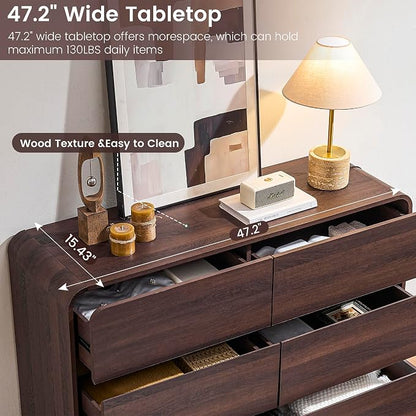 Standifurno Walnut 6 Drawer Dresser, Curved Chest of Drawers for Bedroom, 47 Inch Wide Dresser with Deep Drawers for Clothes, Modern Drawer Closet for Bedroom, Living Rooms, Offices, Entryways