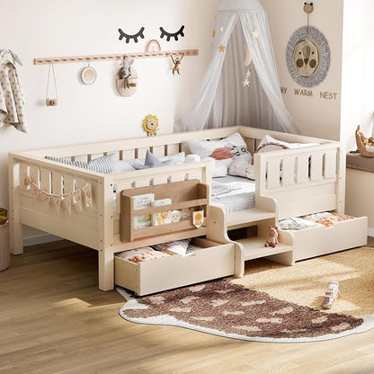 Bellemave Twin Montessori Bed with Stairs, Rails and Slats, Twin Size Montessori Floor Bed with Bookshelf and 2 Storage Drawers, Easy Assemble Beds Frame for Girls, Boys, Beige