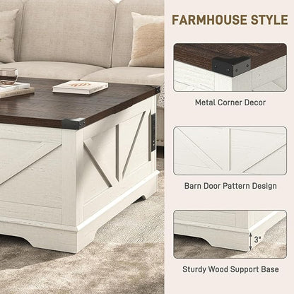 Hlivelood 40” Large Farmhouse Lift Top Coffee Table with Power Outlets and Large Hidden Storage, Square Wood Living Room Tables, Multi-Function Lift Wooden Barn Door Center Table, Rustic White