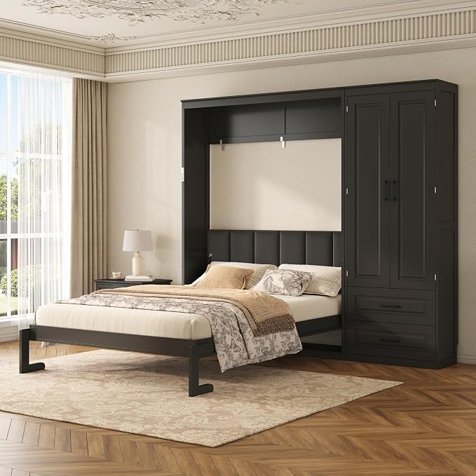 Merax Farmhouse Multi-Functional Murphy Bed with Wardrobe & Drawers,Black | Queen Size Solid Wood Foldable Wall Bed with Upholstered Headboard / No Box Spring Needed / Space Saving