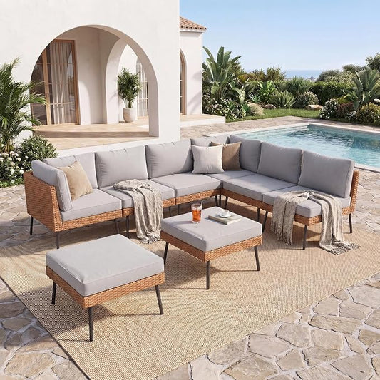 Aoxun 8-Piece Patio Furniture Set, Wicker Outdoor Furniture with Water Resistant Thick Cushions, Patio Conversation Set Outdoor Sectional Sofa with Coffee Table for Backyard Poolside, Light Grey