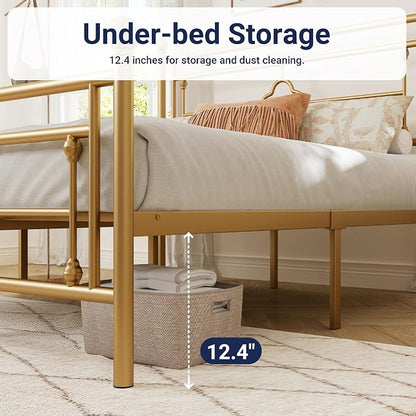 Allewie Queen Size Metal Platform Bed Frame with Victorian Vintage Headboard and Footboard/Mattress Foundation/Under Bed Storage/No Box Spring Needed/Noise-Free/Easy Assembly, Gold
