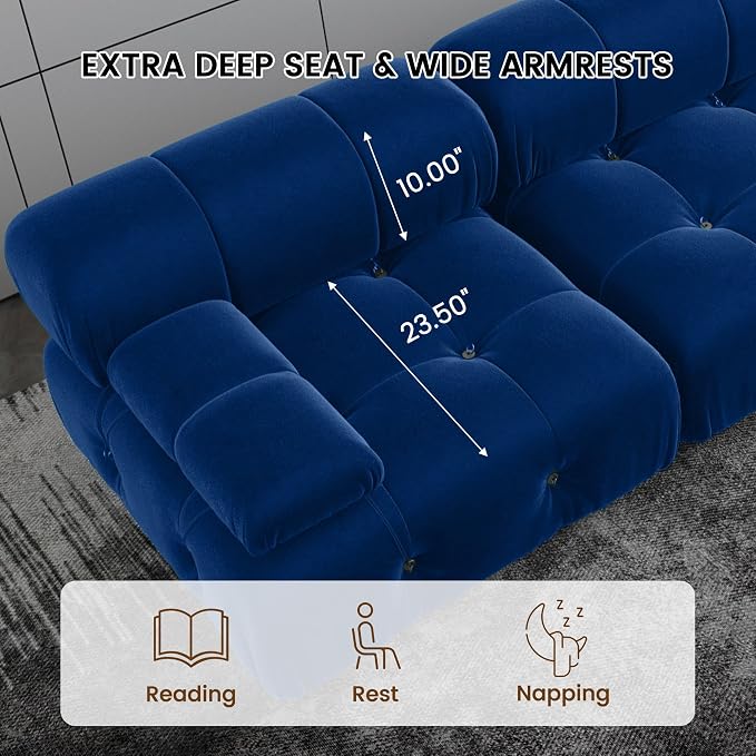 Modern Velvet Sectional Sofa, U Shape Minimalist Modular 6-Seater Couch with 2-Ottomans for Living Room Office Apartment (138in/Blue)