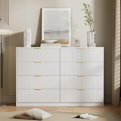 Furniway White 8 Drawer Dresser for Bedroom, Modern Dresser with Smooth Slides, Wide Chest of Drawers with Golden Handles for Bedroom, Living Room, Closet, 15.7" D x 55" W x 37.4" H