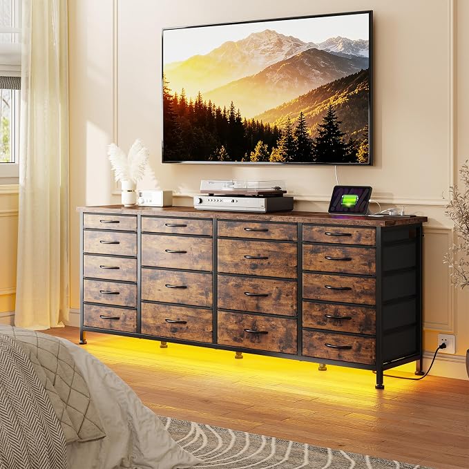 EnHomee 63" W TV Stand for 75" TV, 18 Drawers with LED & Charging, Brown | Long Dresser for 65"-75" TV, Deep Drawer, Spacious Storage, Drawers Glide, No Wobbling, Anti-tip, Easy Assembly, Wipes Clean