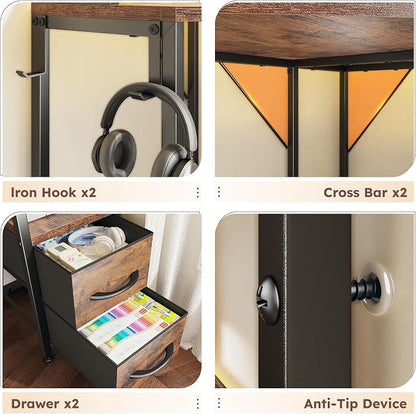 DurayLoly 63" Triangular Corner Desk with Hutch,Ample Storage for Small Room,Spacious 36" W Desktop,2 Fabric Drawers and Bottom Wooden Shelves,Versatile Computer Desk that Meets All Your Needs,Brown