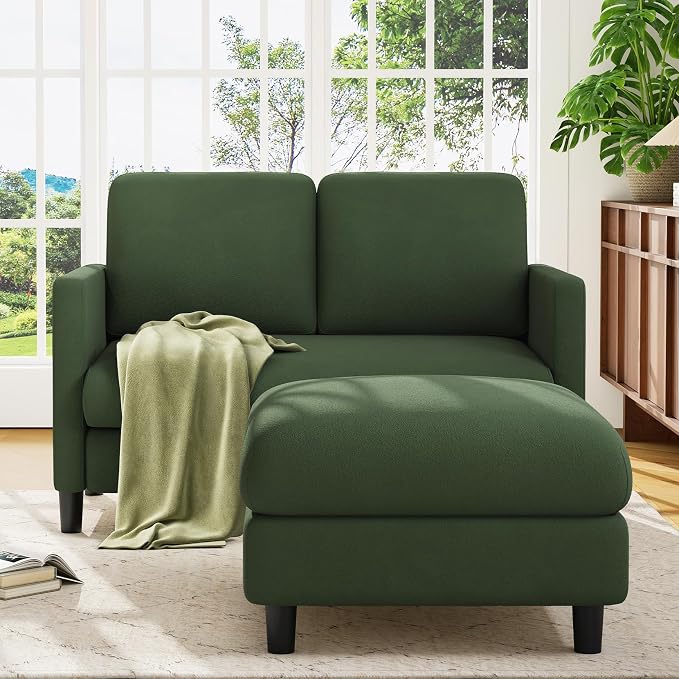 Welzona Loveseat, 51" Small L Shaped Couch, Comfy Teddy Love Seat with Ottoman Set, Tool-Free Setup Loveseat Sofa with Ottoman, All-Wood Small Sofa Couch for Bedroom, Couch for Living Room, Green