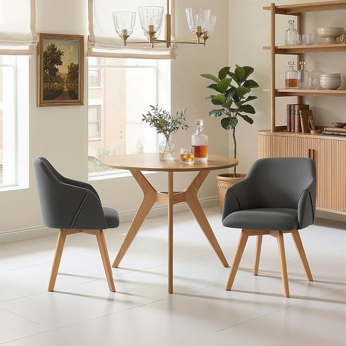 Swivel Dining Chairs Set of 2, Mid Century Modern Dining Chairs with Arms, Wood Legs, Linen Fabric Upholstered Kitchen Chairs for Dining Room Living Room, Comfortable Large Seat, Grey