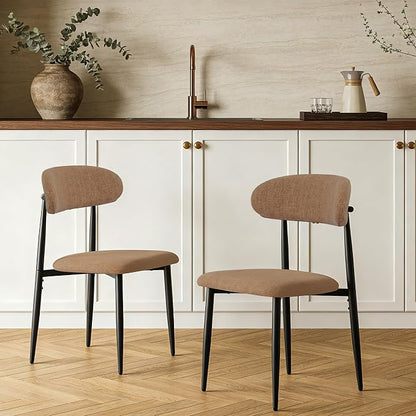 FREKEN Modern Upholstered Dining Chairs Set of 2, Mid-Century Metal Frame Linen Fabric Side Chair for Kitchen Dining Room, 350lbs Capacity, Brown