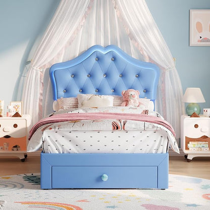 Twin Size Bed Frame for Girls with Storage Drawers & LED Lights, Upholstered Platform Bed, Velvet Crystal Button Princess Bed, Noise-Free Slats, No Box Spring Needed for Kids, Teens, Blue