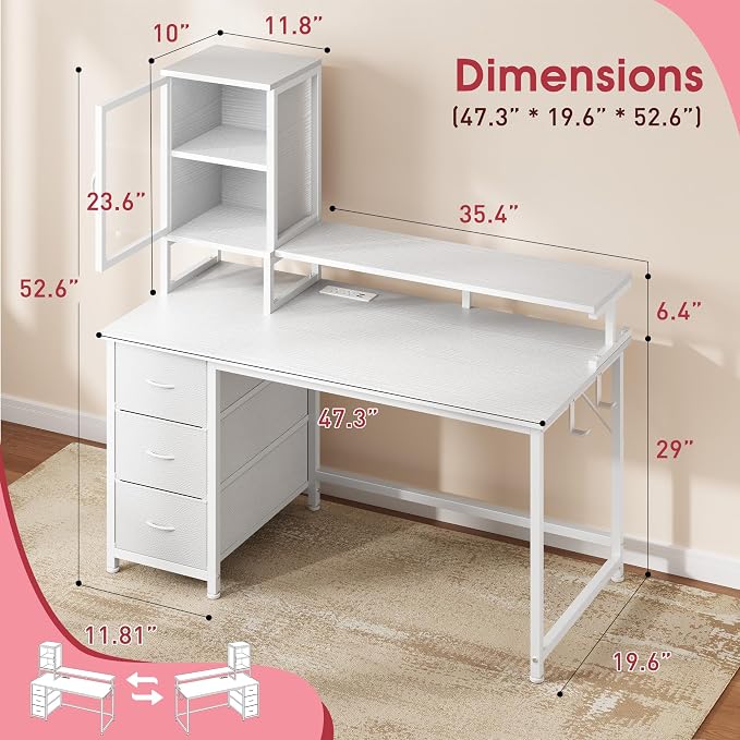 DurayLoly 47" White Computer Desk with 2 Acrylic Cabinet & 3 Fabric Drawers | Integrates Ample Storage & Display, Great Fit for Small Spaces, Outlets Suitable for Studying, Working & Gaming Equipments