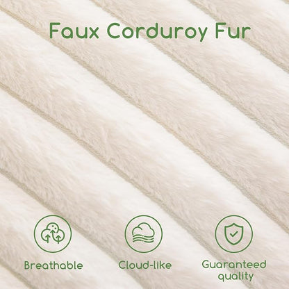 HIGOGOGO Round Stuffed Pouf Ottoman, Stripe Faux Fur Poufs with Foam Chunk Filling, Furry and Fluffy Pouf Foot Stool Storage Ottoman, 26 X 18 Floor Poufs Foot Rest for Living Room, Beige