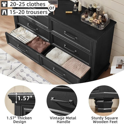 SAVOR LIFE Farmhouse Dresser and Nightstand Sets of 3 Piece, 6 Drawer Dresser and 2 Drawer Nightstand Set, Rustic Wood Bedroom Furniture Set for Home,Hallway,Black