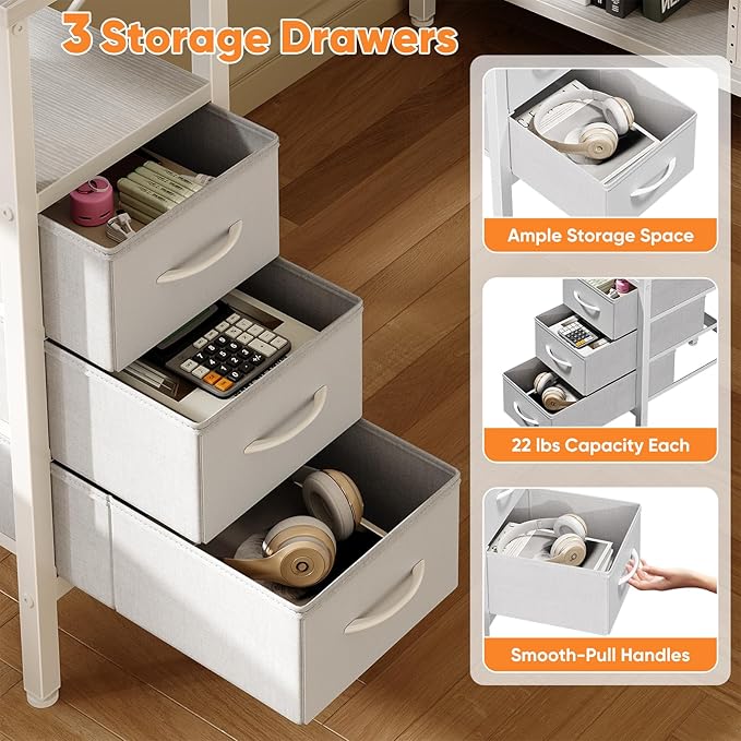 DUMOS L Shaped Desk with Shelf Drawers 47", Corner Computer Desks Gaming with Power Outlet, Study Table with Adjustable Shelves, Home Office Tables for Bedroom Teacher Writing, Modern White