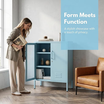 Recessed Double Adjustable Shoe Cabinet with Lock Steel Storage Cabinet for Foyer Living Room Bathroom Kitchen Blue Size：33" H x 29.5" W x 13.8" D