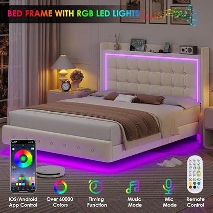 Keyluv Queen Floating Bed Frame with Storage Headboard, LED Lights & Charging Station Platform Bed, Soft Upholstered Velvet, USB/Type-C Ports, Easy Assembly, Beige