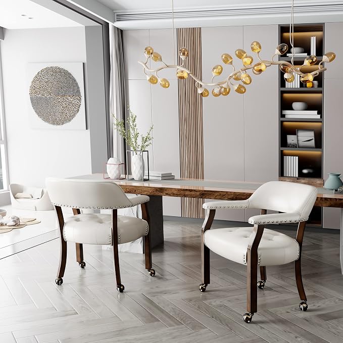 LEEMTORIG Set of 8 Dining Chairs With Casters and Arms, Large Rolling With Wheels, Poker Table, Solid Wood Boss Caption's Office, Espresso Legs & Ivory PU SY-318-WT
