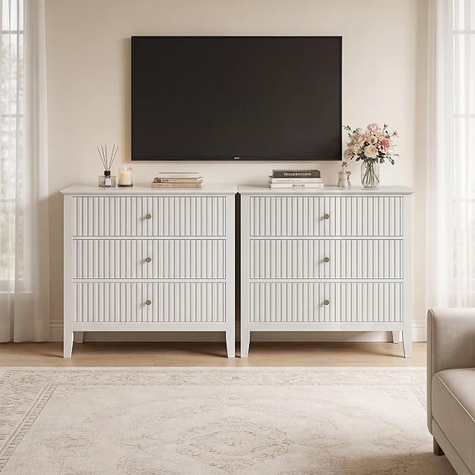 RoyalCraft White Fluted 3 Drawer Dresser, 32 inch Wide Dresser Nightstand for Bedroom, Modern Wood Chest of Drawers, Large Painted Nightstand with 3 Drawers for Closet, Hallway, Entryway