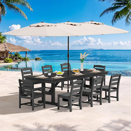 SERWALL 10 Piece 84" HDPE Outdoor Dining Set for 8 with 6 Armless Chair, 2 Armchairs and Umbrella, Black
