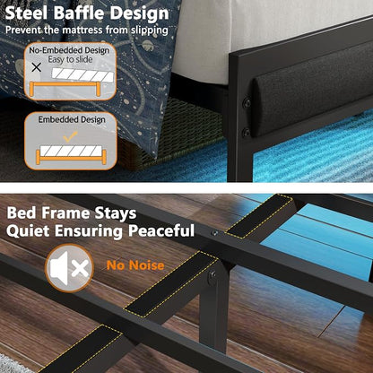 Furnulem King Size Bed Frame with Headboard, LED Light and Charging Station, Metal Platform Bed with Heavy Duty Slats, No Box Spring Needed, Noise Free & Easy Assembly