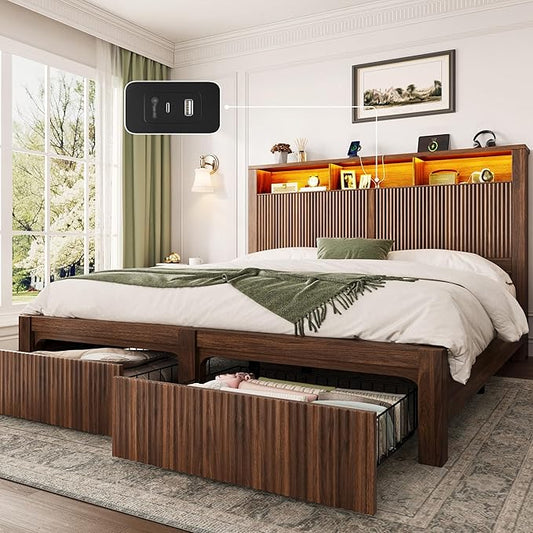 CypBed Queen Size Bed Frame with Headboard and Storage Drawers, Queen Bed Frame with LED Light and Charging Port, Farmhouse Wavy Wood Design, Wood & Metal Platform, Noise-Free, No Box Spring Needed