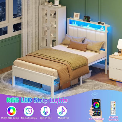 Furnulem Twin Size Bed Frame with Charging Station & LED Lights, Modern Platform Bed with 2-Tier Storage Shelves, White PU Leather Upholstered Headboard, No Box Spring Needed, Metal Slats Support