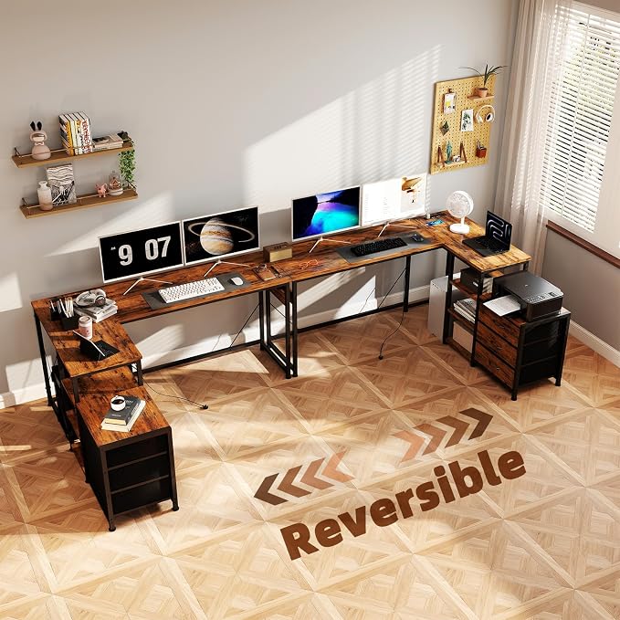 YOSHOOT 55" L Shaped Computer Desk with 3 Fabric Drawers, Gaming Desk | Office Desk with Power Outlets & Open Shelves, Corner Desk L Shape for Home Office Work Study, Rustic Brown