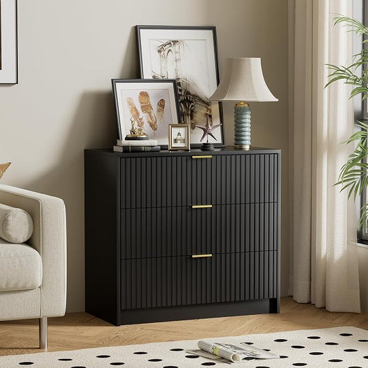 Furniway Black Dresser for Bedroom, Modern Dresser with 3 Drawers and Smooth Slides, Wide Chest of Drawers with Golden Handles for Bedroom, Living Room, Closet, 15.7" D x 31.5" W x 29.6" H