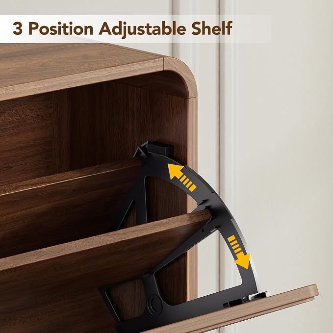 Decofy Shoe Cabinet with 2 Flip Drawers, Expanded Panel for Long Footwear, Freestanding Shoe Storage Cabinet with 3-Gear Adjustable Shelves, Narrow Shoe Cabinets for Entryway, Solid Wood Legs, Walnut