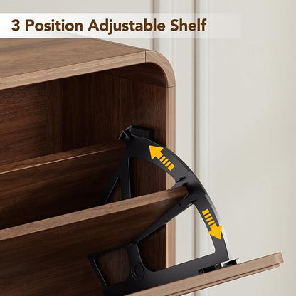 Decofy Shoe Cabinet with 2 Flip Drawers, Expanded Panel for Long Footwear, Freestanding Shoe Storage Cabinet with 3-Gear Adjustable Shelves, Narrow Shoe Cabinets for Entryway, Solid Wood Legs, Walnut