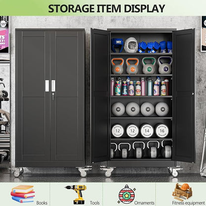 Metal Garage Storage Cabinet, 74”Tall Rolling Utility Cabinet Black | storage system with Wheels, Lock, 5 Adjustable Shelves, Heavy Duty Steel Tool Locker for Home Office, Utility Room, Gym