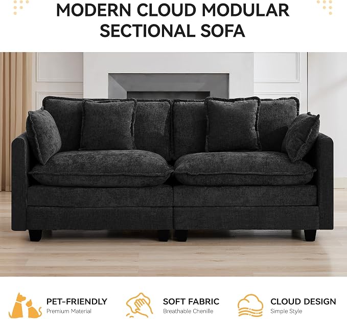 76'' Cloud Deep Seat Loveseat, Upholstered Chenille Modular 2-Seats Sectional Sofa Couch, Modern Comfy Settee Loveseat for Living Room Set, Small Apartment, Dark Grey