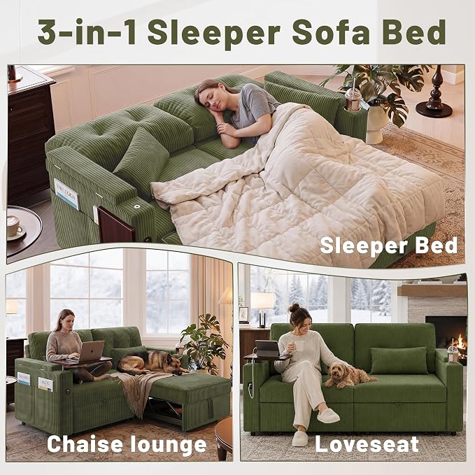 73" Queen Size Sofa Bed, Loveseat Sleeper Sofa with Pull Out Bed, 360° Swivel Table and USB, Modern 2 Seater Convertible Corduroy Couch for Living Room Bedroom Apartment, Green