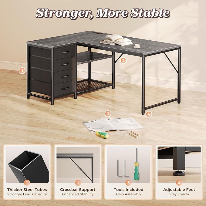 PRAISUN 43.3" Small Computer Desk with Power Outlets & USB-C Port, Reversible L Shaped Corner Office Desk with 4 Fabric Drawers and 2 Adjustable Storage Shelves, for Gaming Writing, Grey